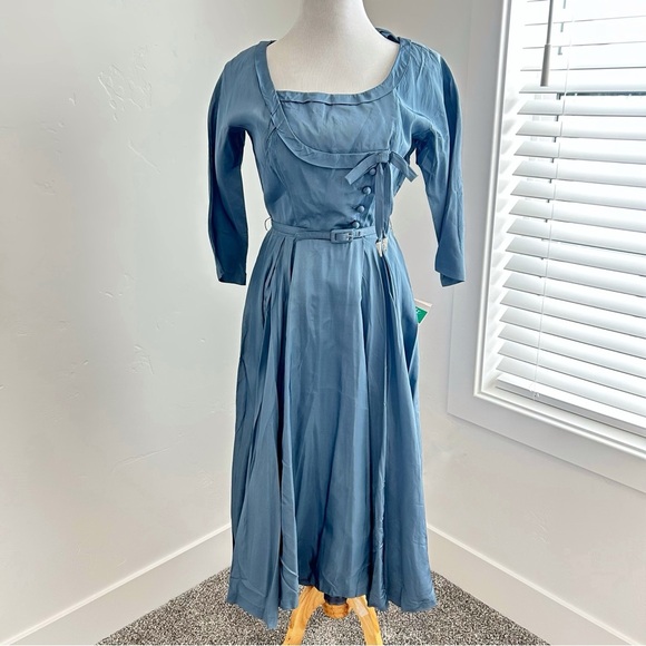 NEW Vintage Calbette Deadstock Blue Tafeta A Line Belted Dress Powder Blue 50s - Picture 1 of 15